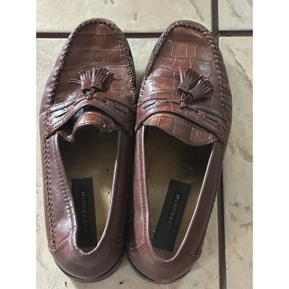 Florsheim Brown Leather Tassel Loafers Crocodile Pattern Classic Dress Shoes